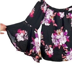 Haute Monde Black Floral Off the Shoulder Bell Sleeve Blouse Size Small